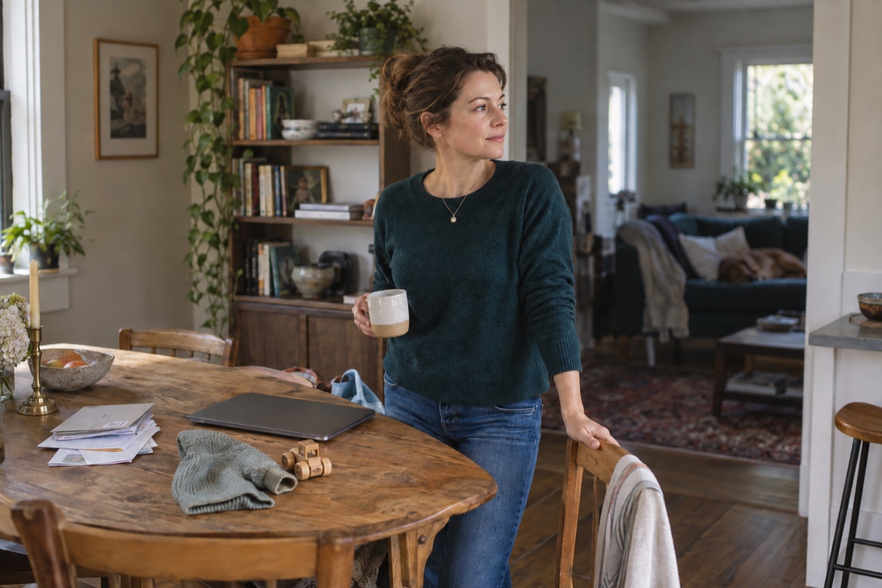 A woman standing in her lived-in home beside a laptop, mail, and child belongings