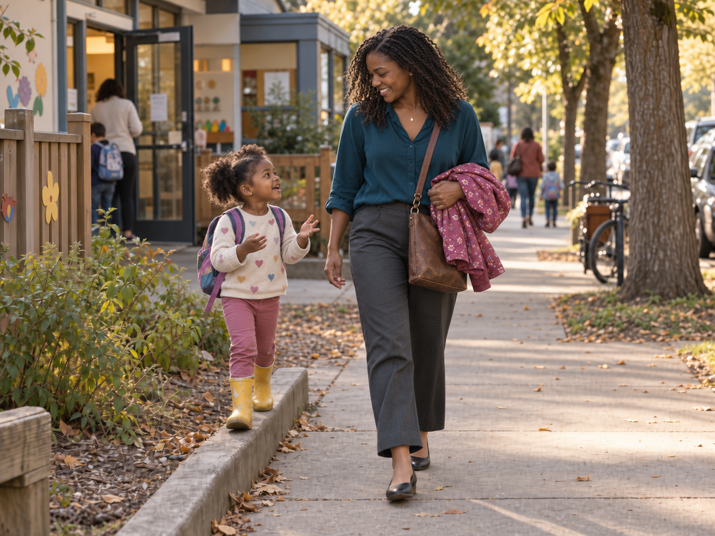 A mother reconnecting with her child after the workday